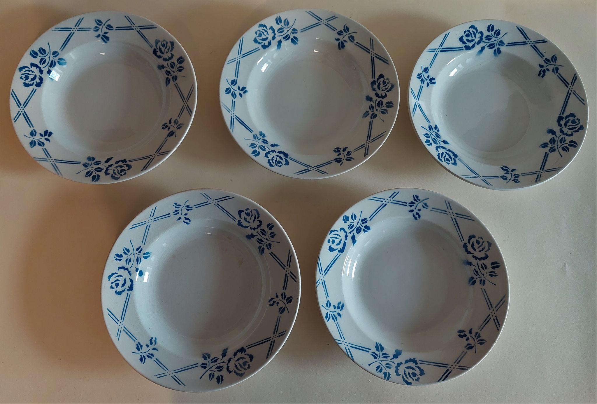 Hollow plates series of five Moulin des Loups Orchies model Bric blue
