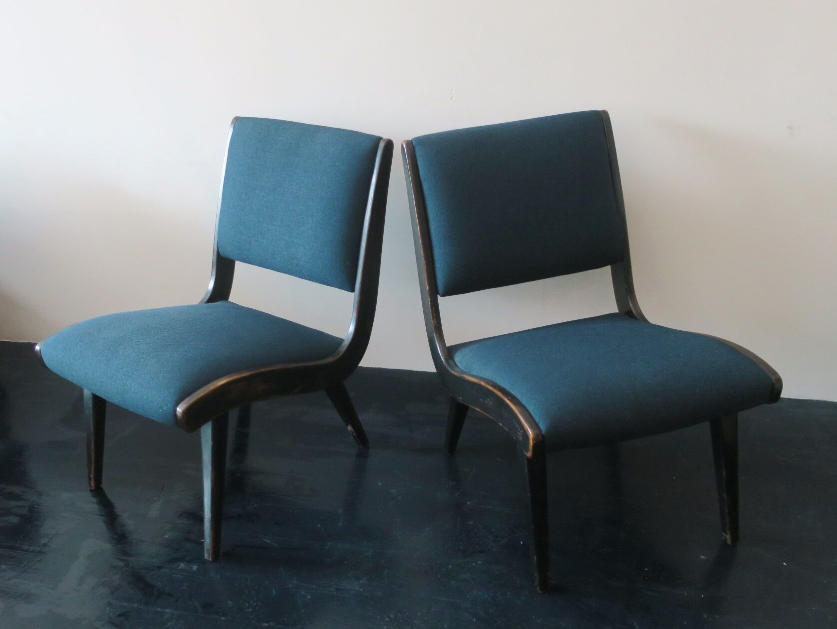 Jens Risom armless chair with ebonized frame and petrol blue-green covers