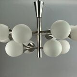 12-flame Sputnik chandelier from the 1960s and 1970s, Kaiser Leuchten, opal glass design
