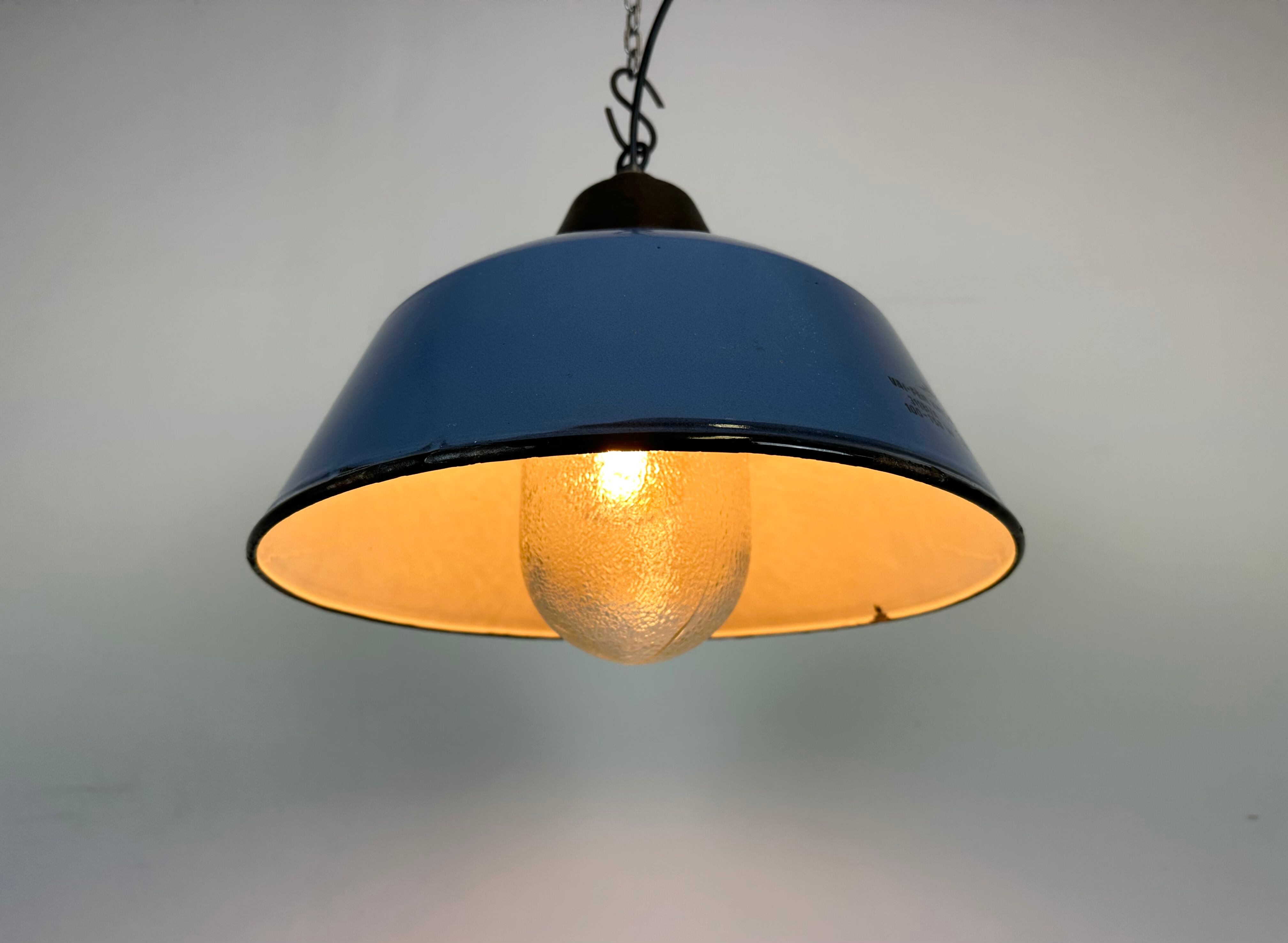 Industrial Blue Enamel and Cast Iron Pendant Light with Glass Cover, 1960s