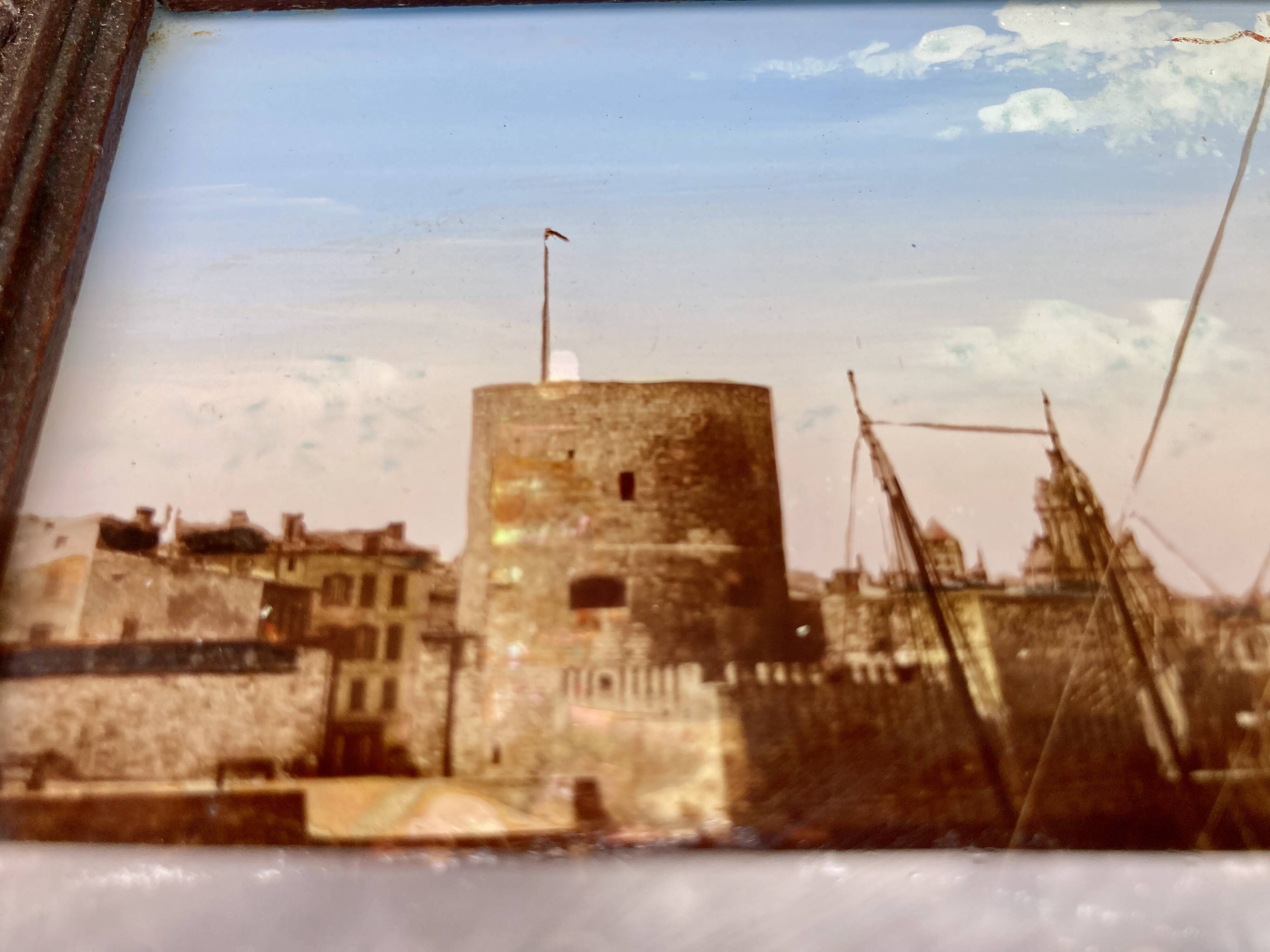 painting fixed under glass port of La Rochelle 19th century