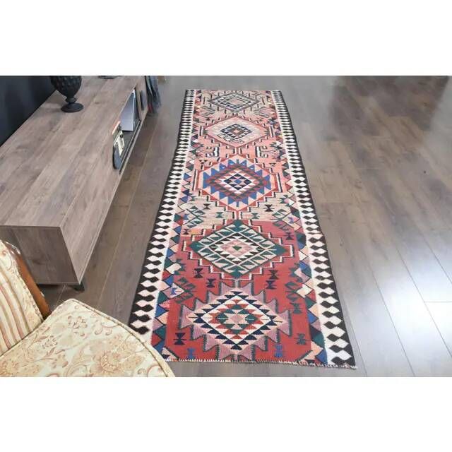1970s Turkish Oushak Handmade Wool Cotton Orange Runner Rug 93x305