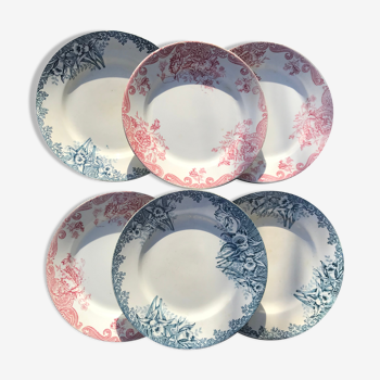 6 assiettes terre de fer dépareillées vintage 1900  a motif floral