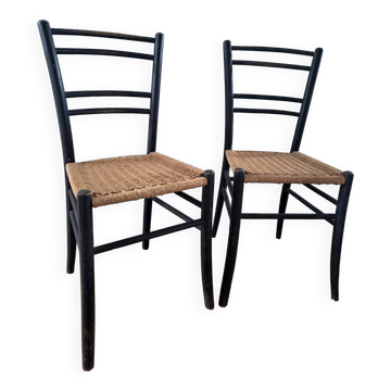 Vintage chairs with woven rope seats, antique seating furniture