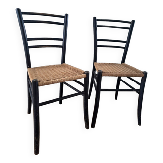 Vintage chairs with woven rope seats, old furniture seats