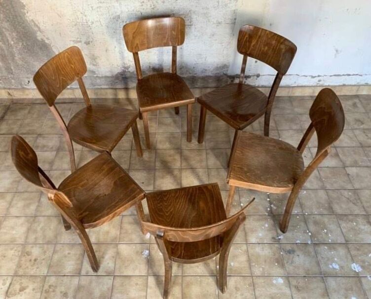 6 old lounge chairs bistro curved wood