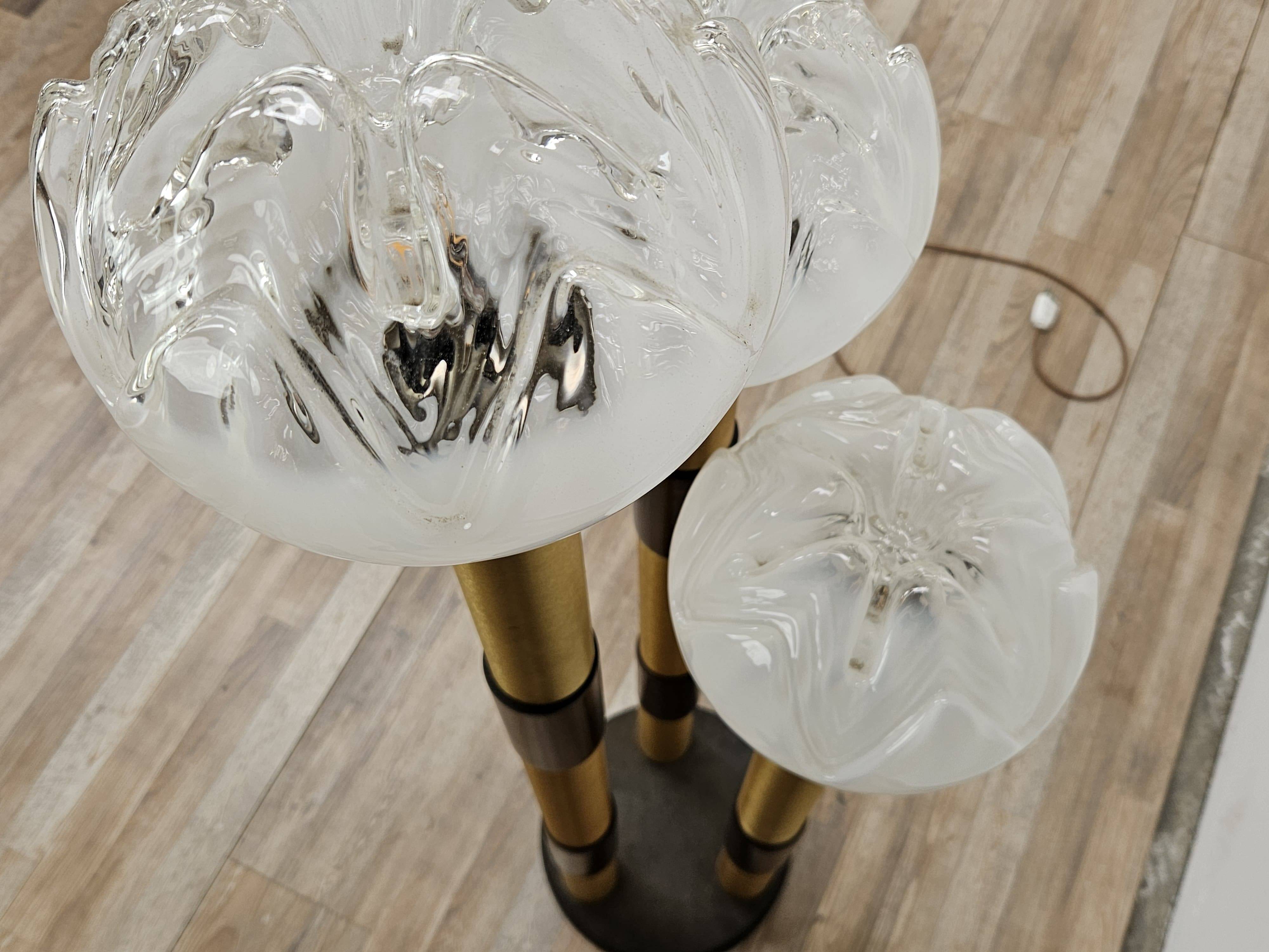 Mid-Century Murano Glass Floor Lamp in Wood and Metal with 3 Light Points