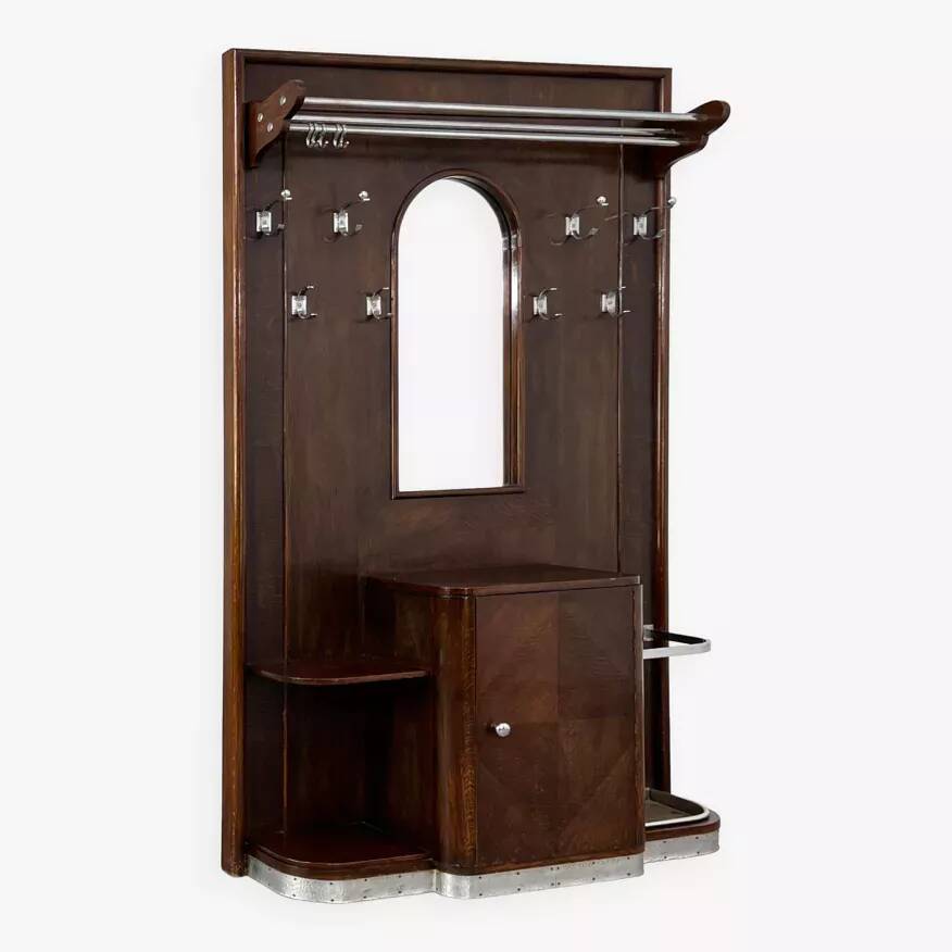 Art deco cloakroom coat rack in wood, mirror and chrome metal