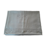 Old embroidered sheet in white linen thread Monogram CB