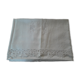 Drap ancien brodé  en fil de lin blanc  Monogramme CB
