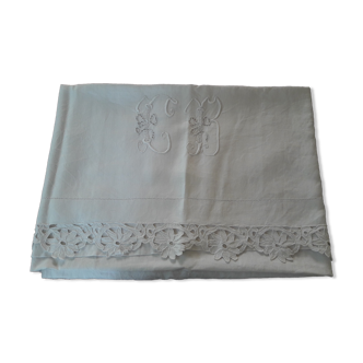 Old embroidered sheet in white linen thread Monogram CB