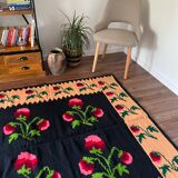 Romanian floral handwoven carpet made in wool, bohemian design with flowers