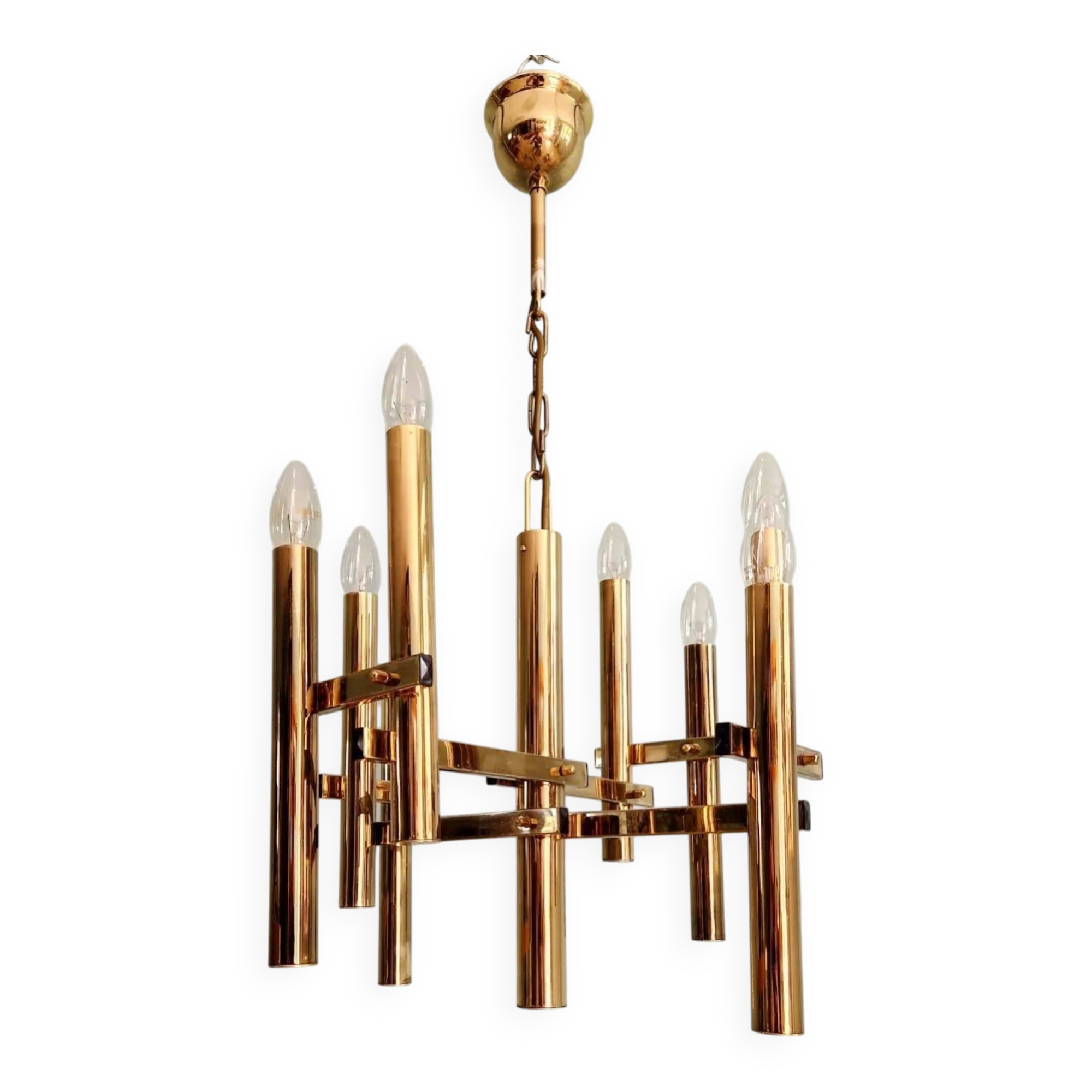 Geometric brass chandelier, Hollywood Regency, design by G. Sciolari, 1970.