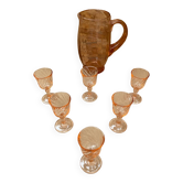 Ancien Service Pichet Verre Soufflé Rose + 6 Verres À Liqueur Vintage