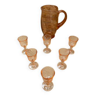 Antique Pink Blown Glass Pitcher Set + 6 Vintage Liqueur Glasses