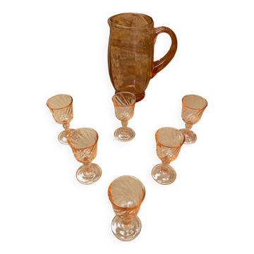 Ancien Service Pichet Verre Soufflé Rose + 6 Verres À Liqueur Vintage