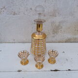 Set of gilded glass liqueur set streaked carafe and 3 glasses