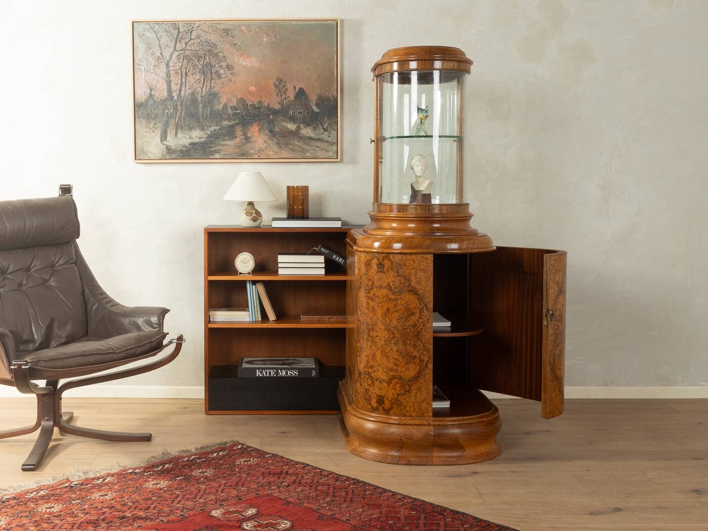 Vitrine Art Déco unique des années 1930 avec étagère ouverte des années 1960.