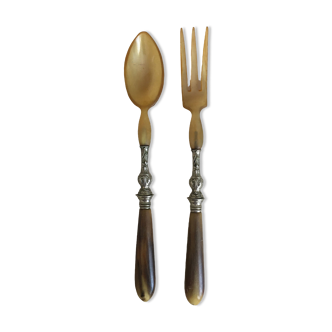 Old salad cutlery in horn and silver metal