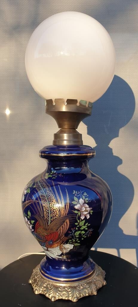 Ceramic lamp birds lyres on midnight blue background Napoleon III