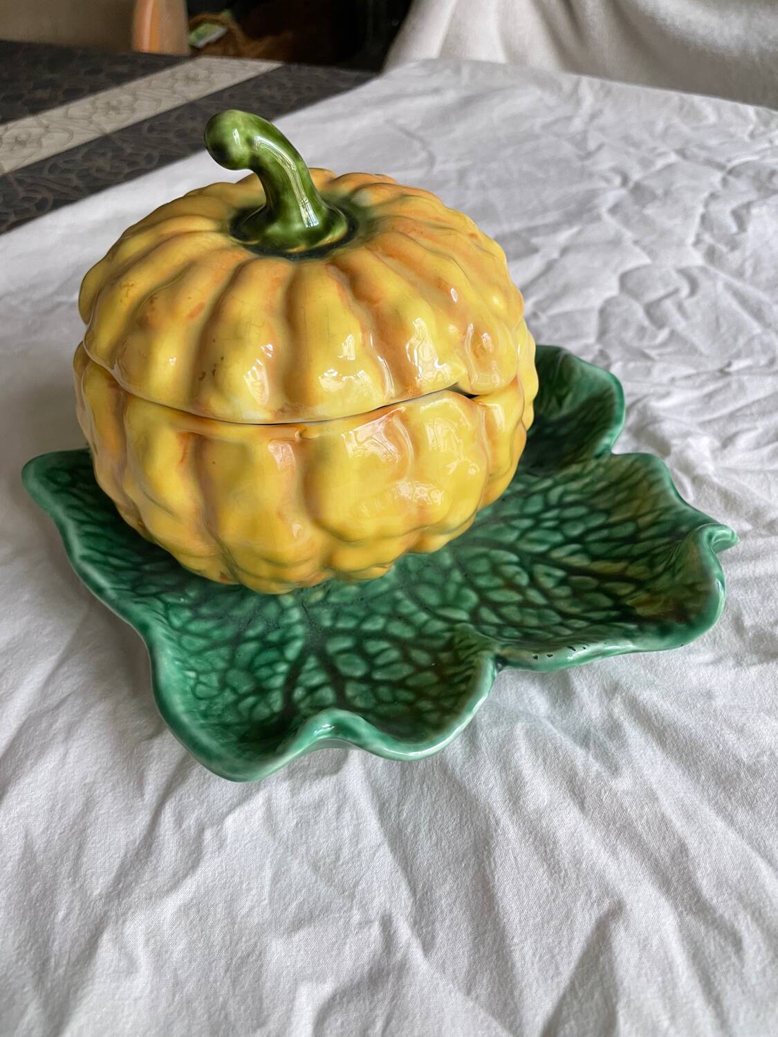 Antique majolica pumpkin jam jar