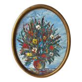 Tableau Huile sur Panneau bouquet de fleurs colorées dans vase Signé Valota