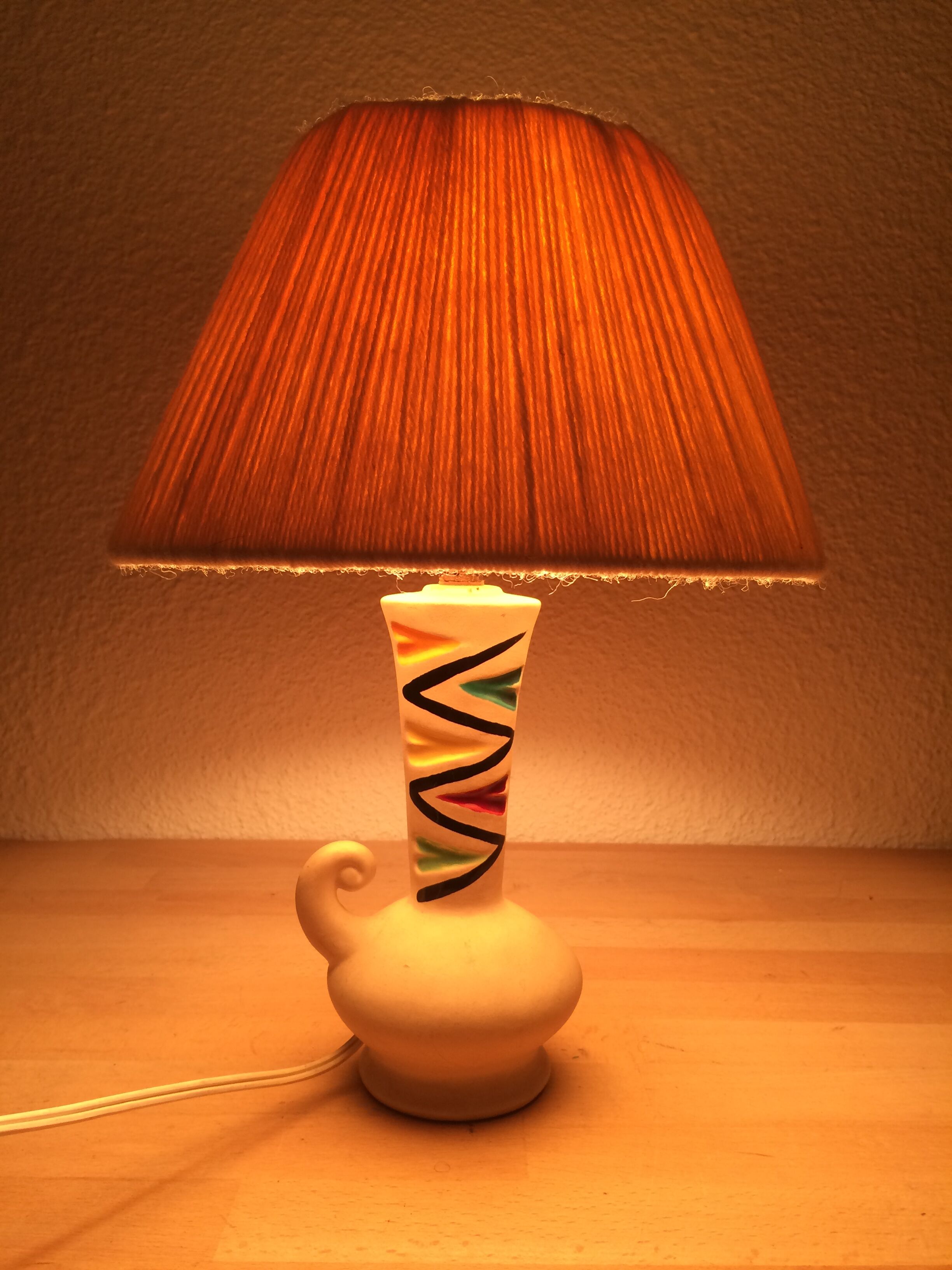 Ceramic lamp 60s and lampshade white wool