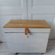 Vintage chest on casters pearl gray interior slate gray, oak top.