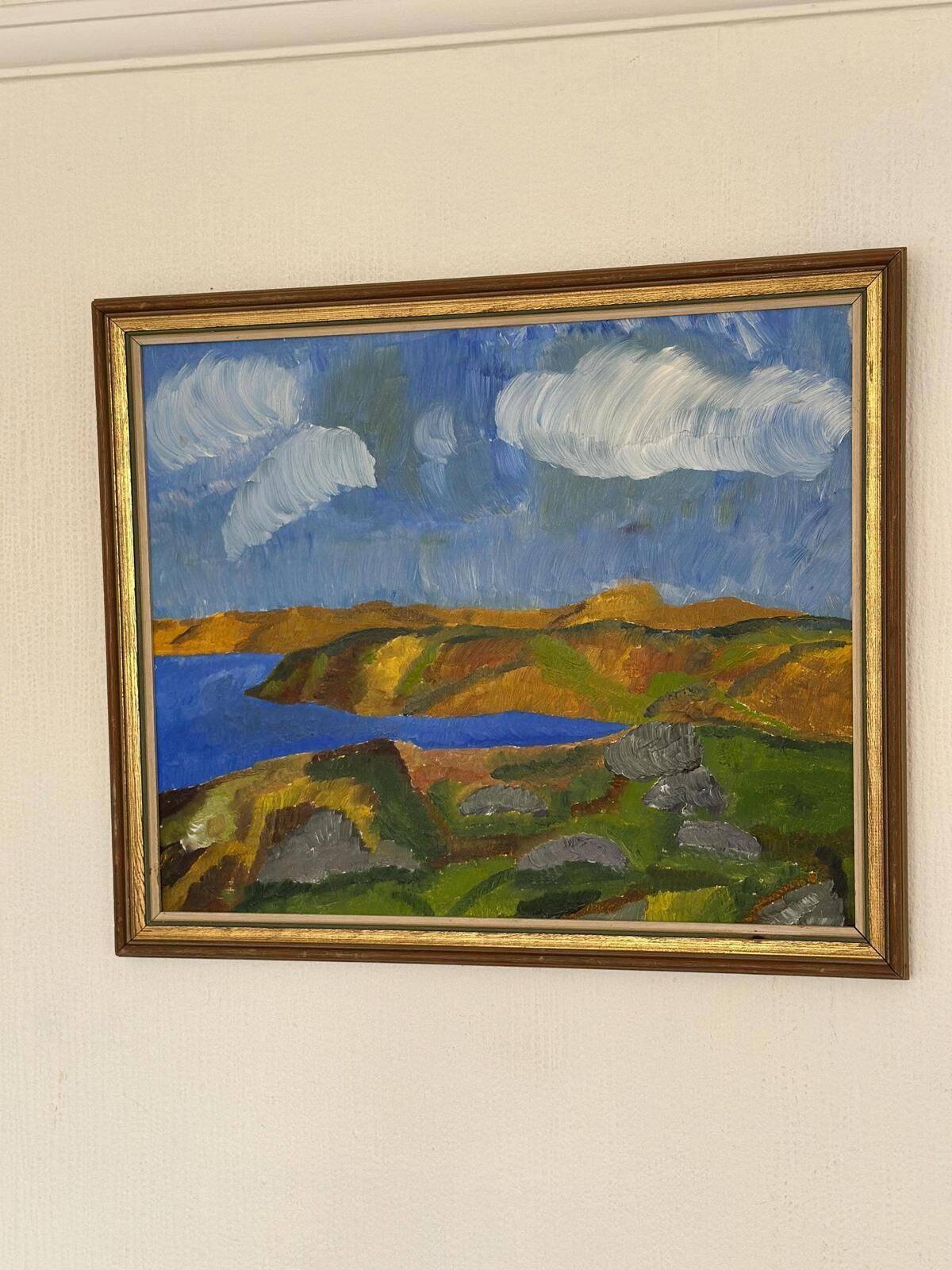 Original suédois du milieu du siècle huile sur panneau – "Paysage côtier" – Vintage et encadré