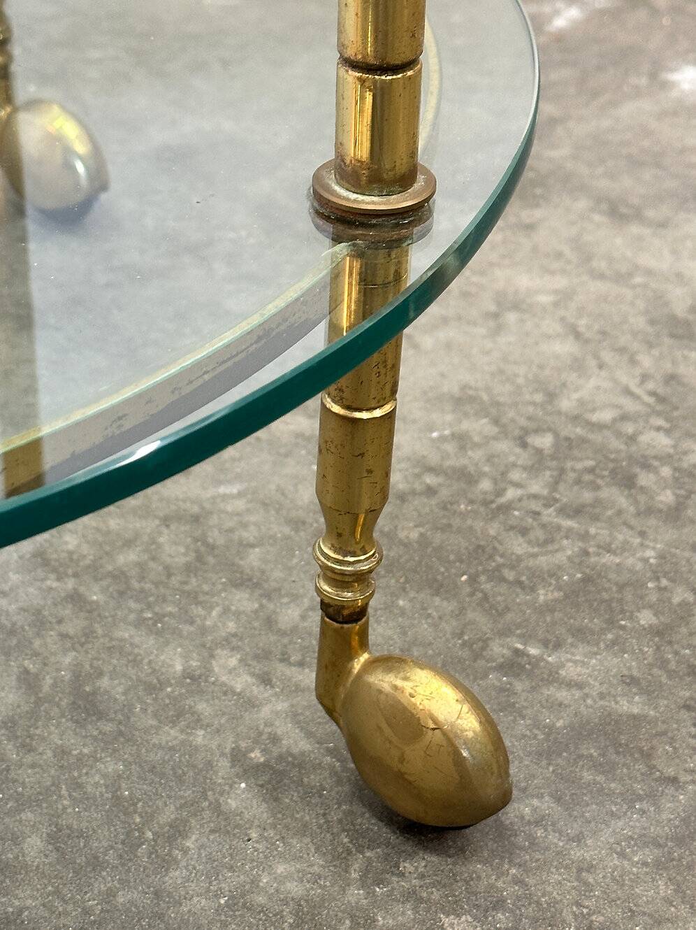 1970s mid-century modern Italian brass and glass round bar cart, Italy.