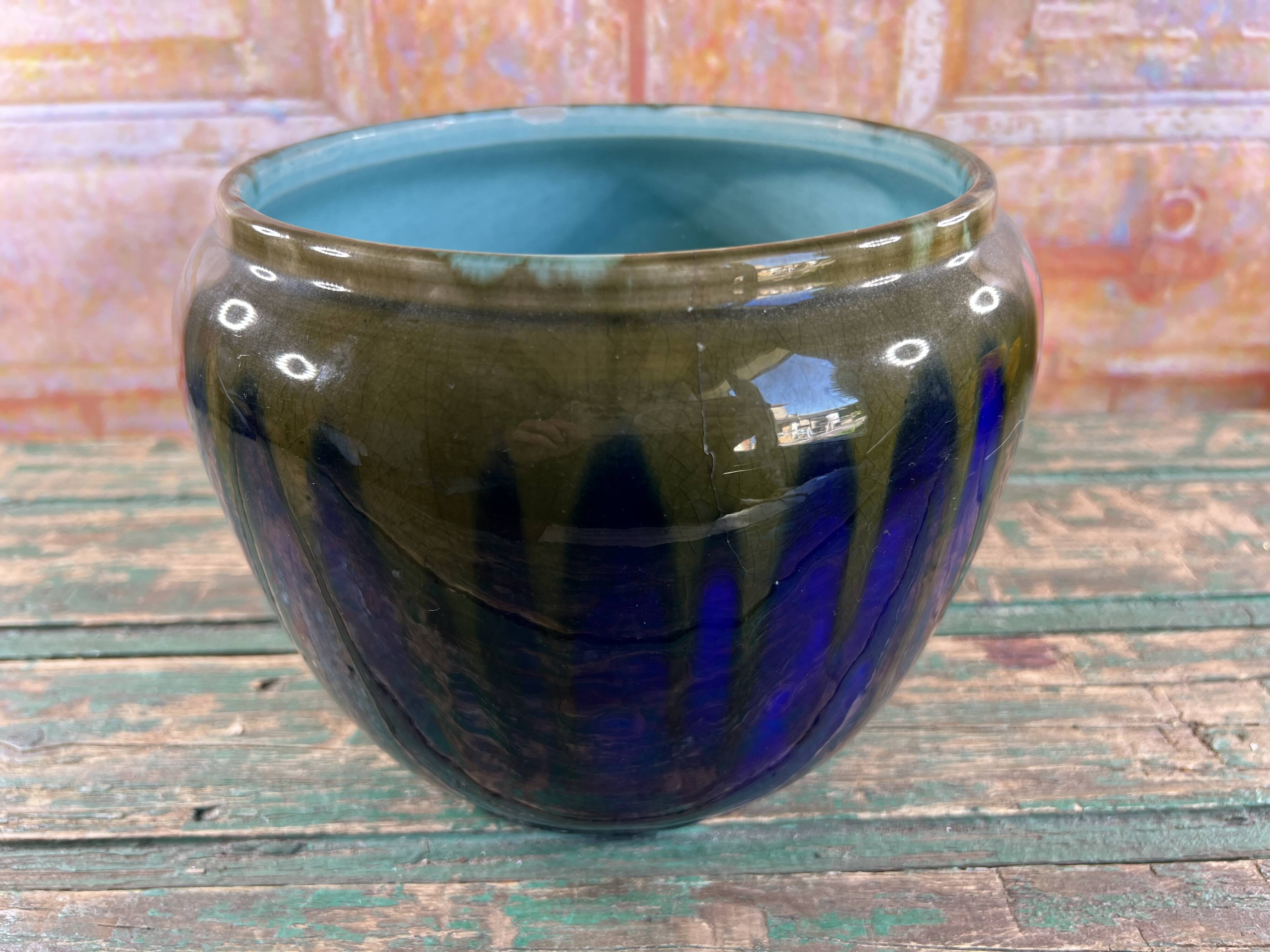 Ceramic planter signed Orchies – France, blue and green enamel