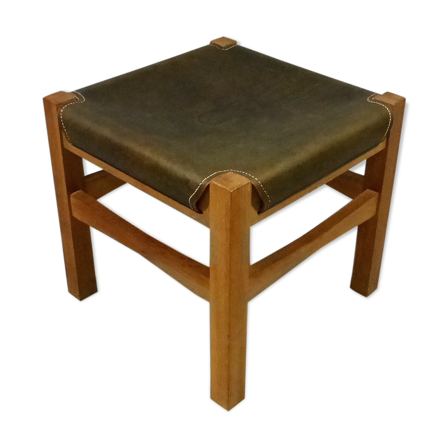 Wooden stool with saddle leather seat, 1970-80’s