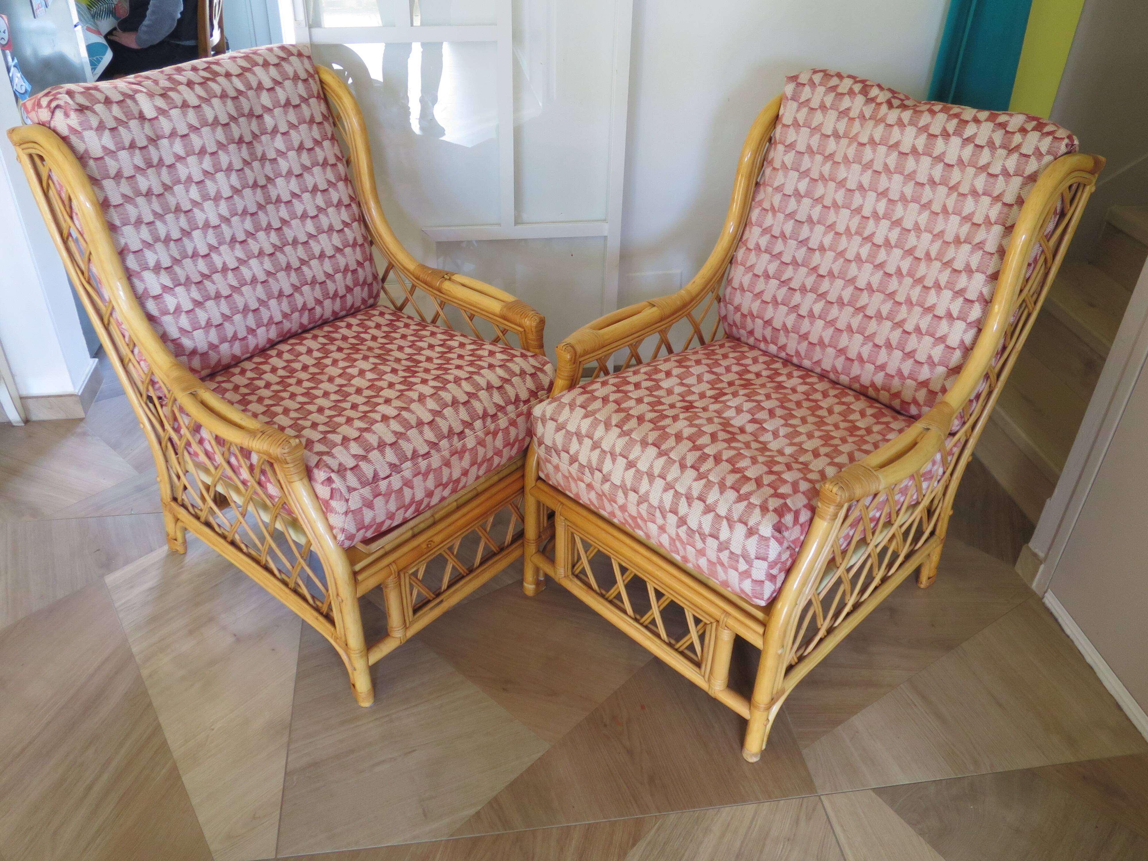 Vintage - Set of 2 woven rattan, bamboo and wood armchairs - Natural colour - 1980s