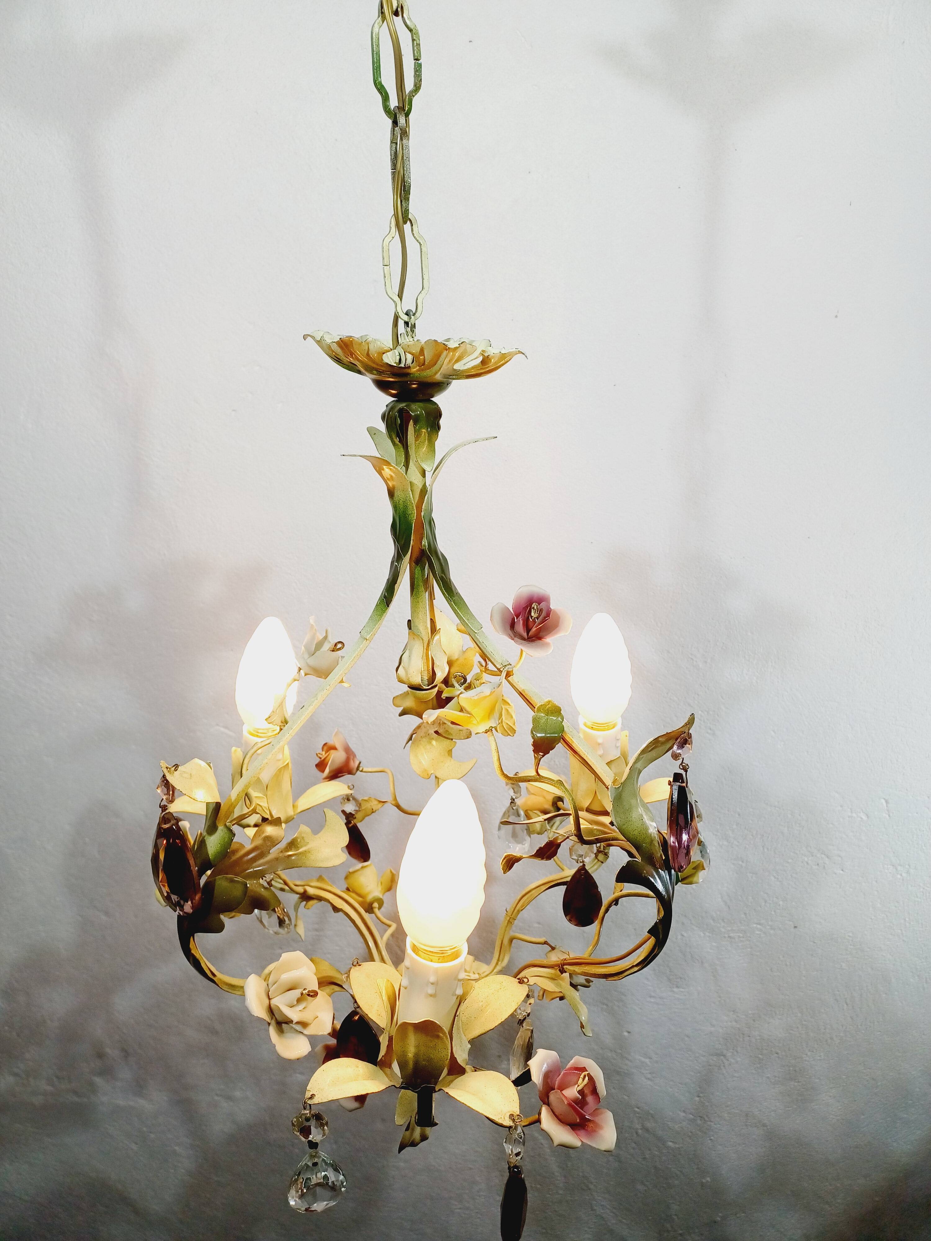 Wrought iron and porcelain chandelier
