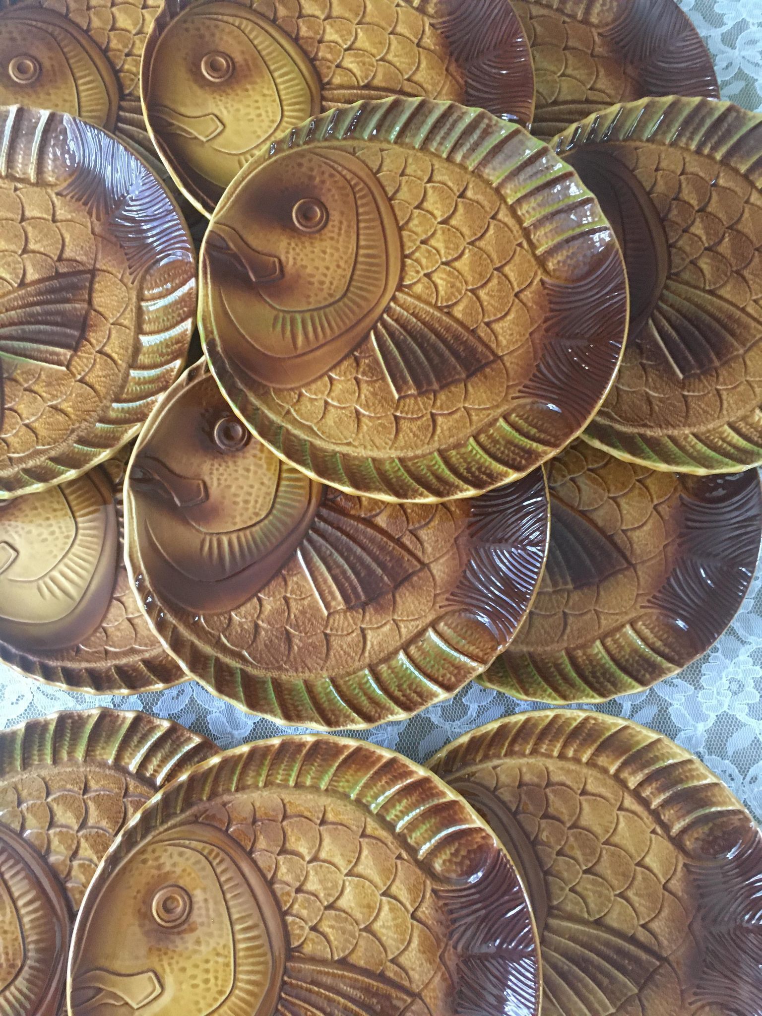12 large fish plates in Sarreguemines slurry