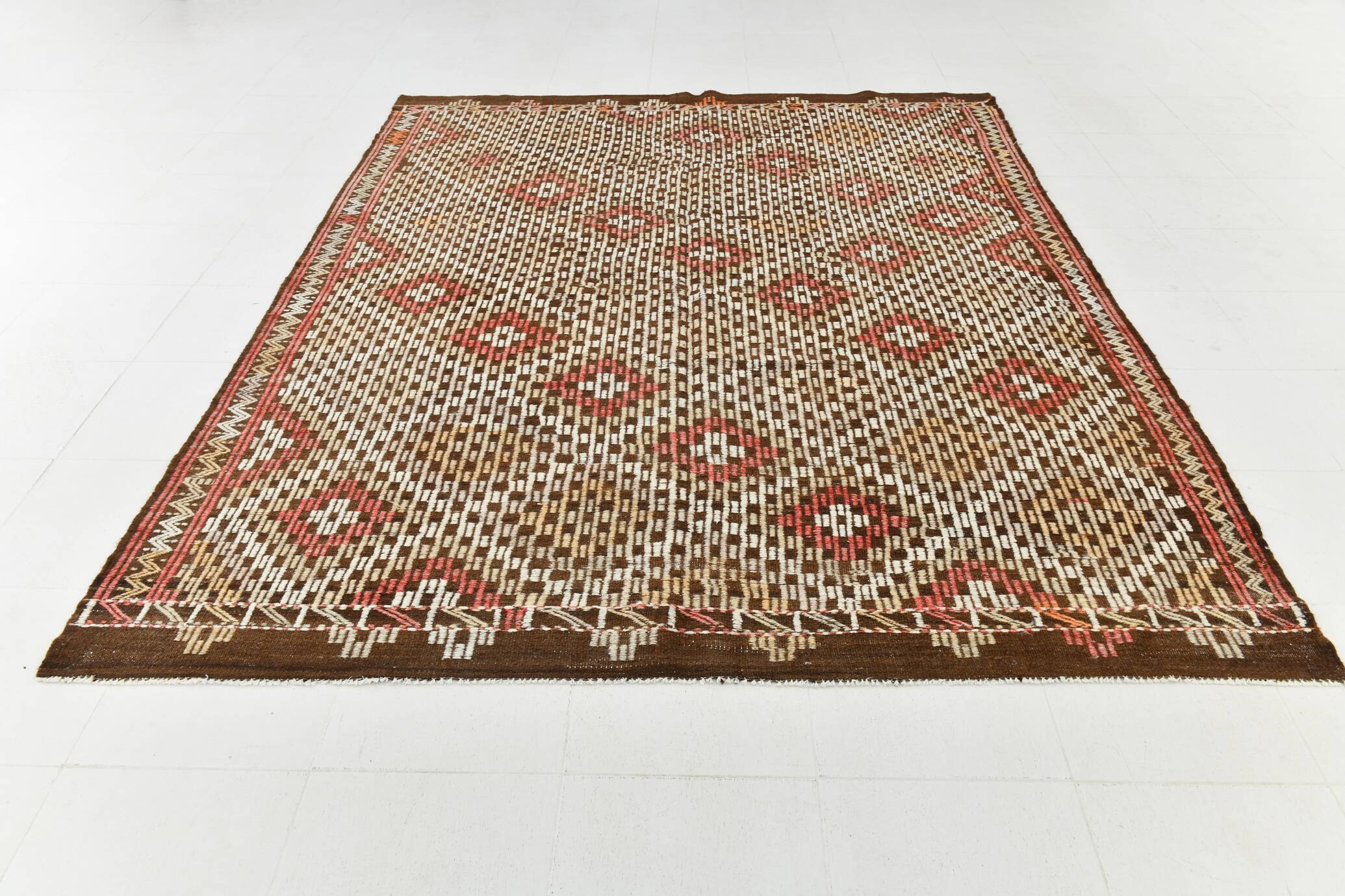 Green & Red Details Vintage Kilim Rug, Oushak Area Rug, 233x300Cm