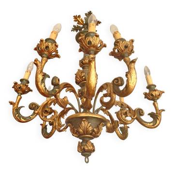 XXL Grand Lustre Florentin Vintage Louis XV Rococo Baroque Peint à la Main Doré Avec Or Sculpté en Bois Floral 8 Lumières, Italie, Florence, 1920-1950