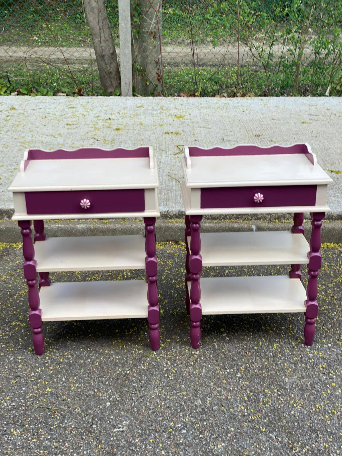 2 vintage bedside tables painted in white and purple with a drawer.