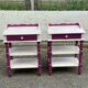 2 vintage bedside tables painted in white and purple with a drawer.