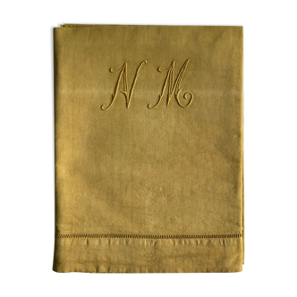 Old linen and cotton sheet embroidered and tinted in Indian yellow