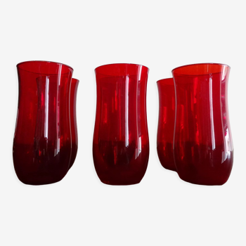 6 verres à eau verre soufflé vintage rouge rubis 1960