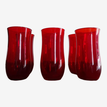 6 water glasses blown glass vintage ruby red 1960