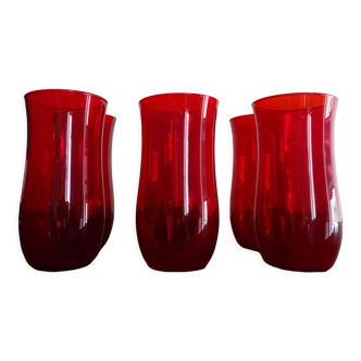 6 verres à eau verre soufflé vintage rouge rubis 1960