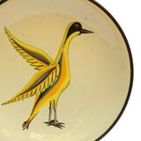 Plat oiseau en céramique du milieu du siècle, peinte à la main Français poterie d’art Uzes signée A Rochat