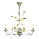 Vintage painted metal chandelier, foliage and flowers, 5 lights.