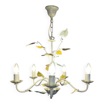 Vintage painted metal chandelier, foliage and flowers, 5 lights.