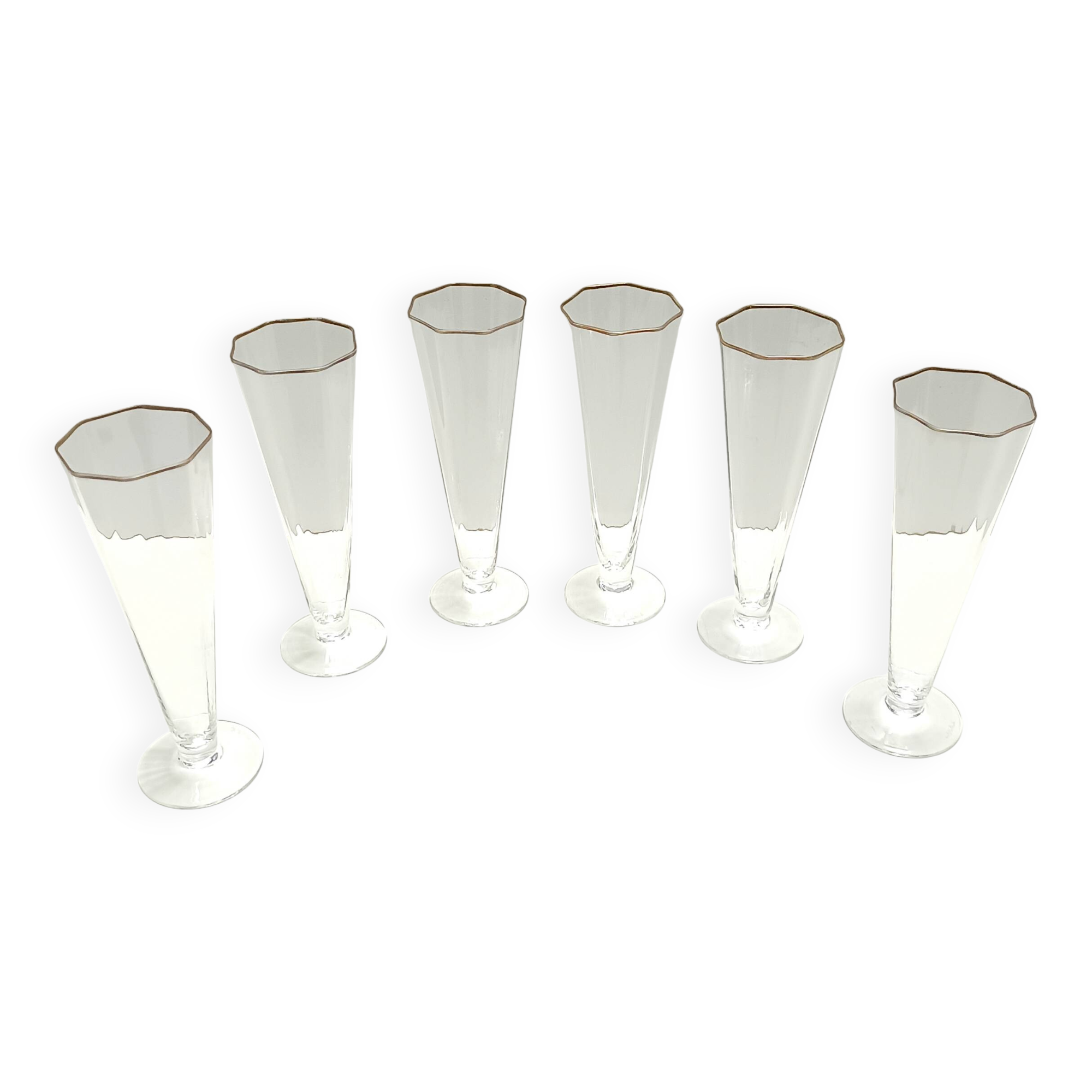 Set of Six Octagonal Hand Blown Murano Glass Flutes by Carlo Moretti, Italy