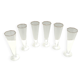 Set of Six Octagonal Hand Blown Murano Glass Flutes by Carlo Moretti, Italy