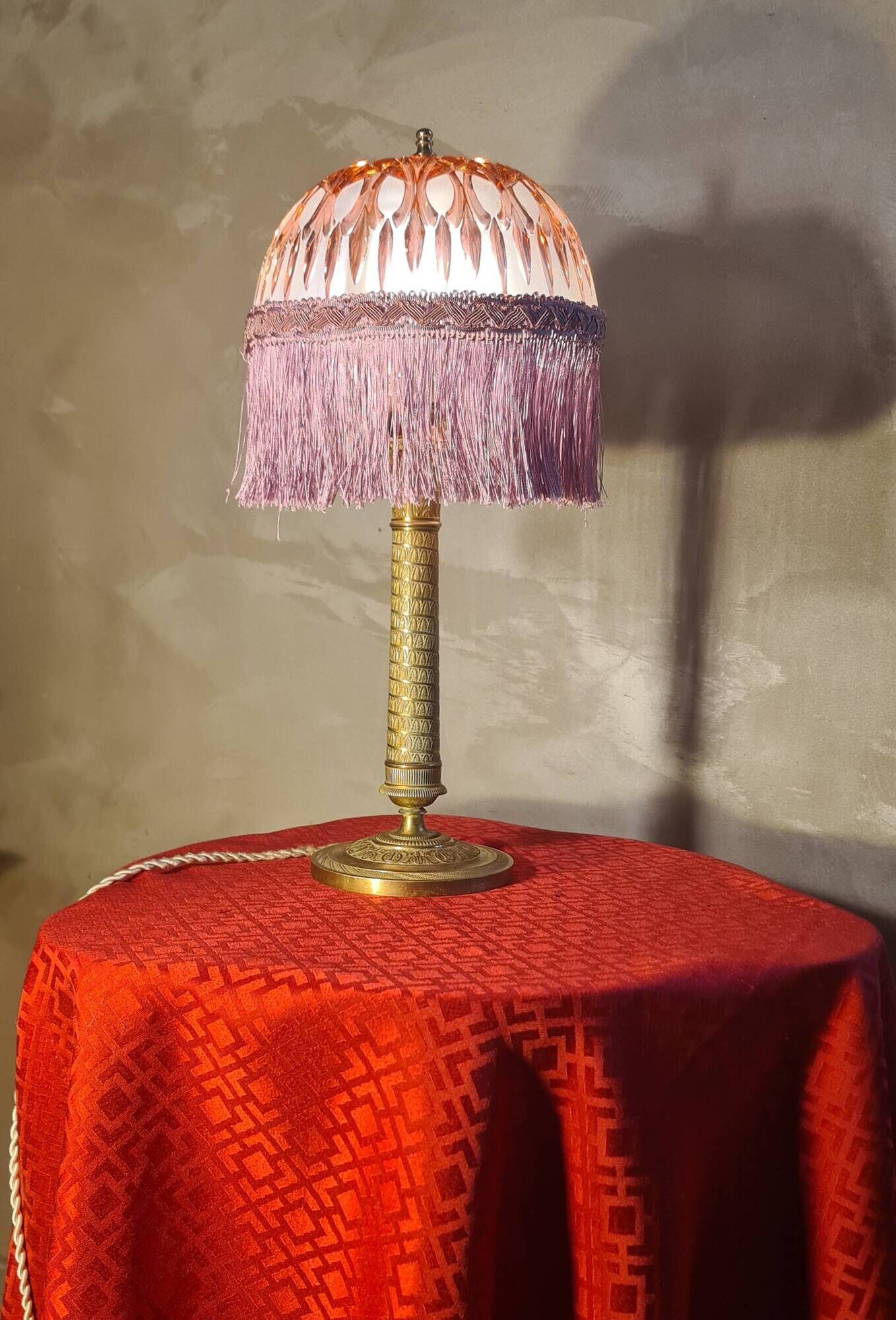 brass column lamp, worked brass from 1880 with cut glass dome, 45x22, superb