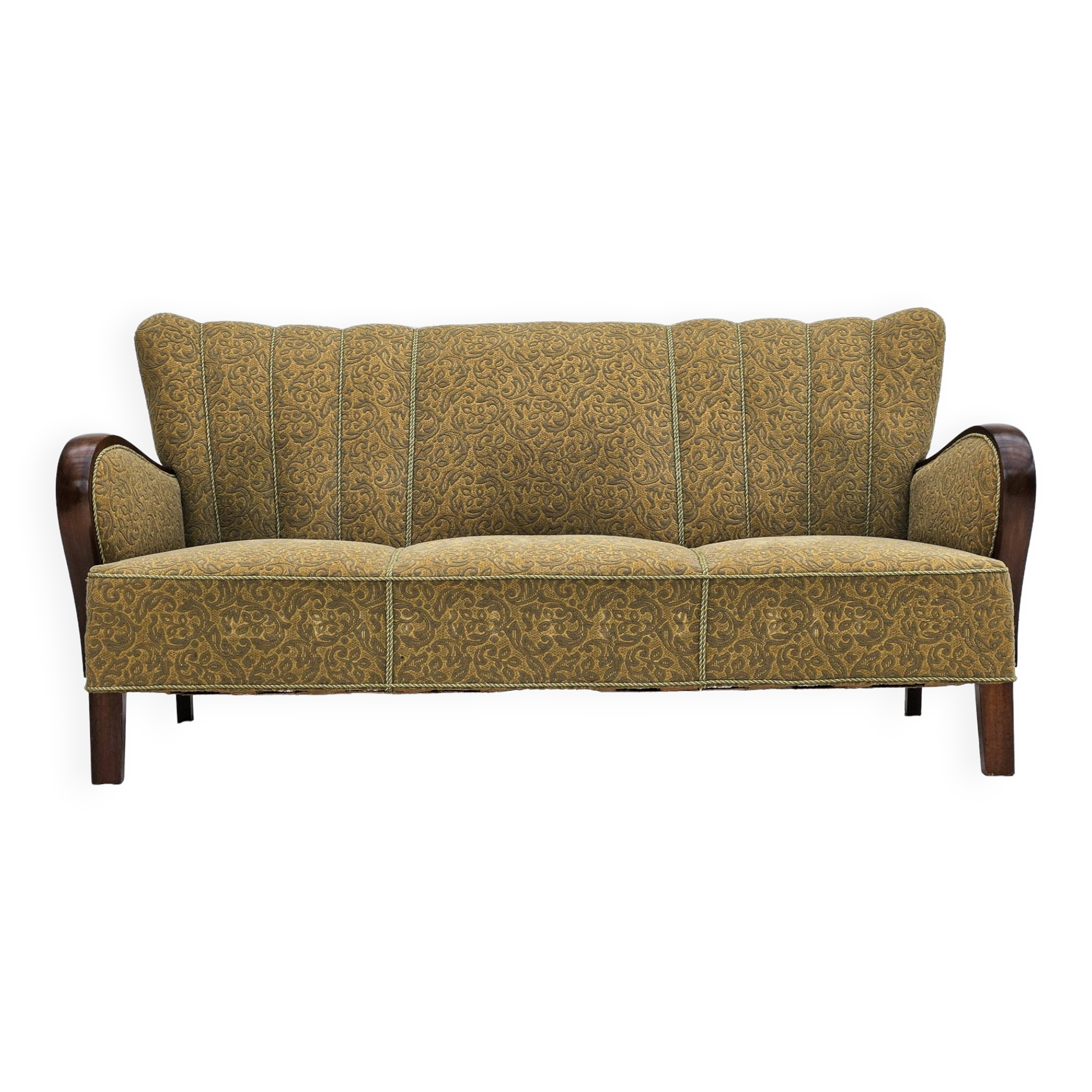 Années 1950-60, canapé danois 3 places, état d'origine, coton/laine, bois de hêtre.